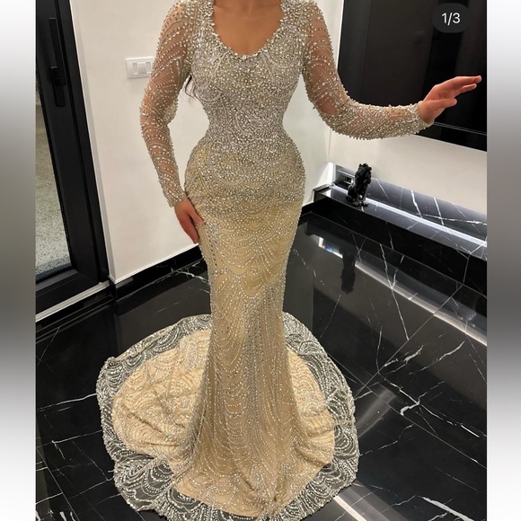 Designer Handmade fully beaded dress with a long tail (size: 4-6) (height: 5’5)